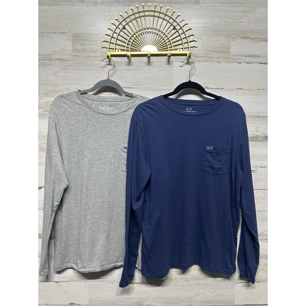Vineyard Vines Long Sleeve T-Shirt Mens Small Blue Grey Pocket‎ Tee 2-Pack EUC